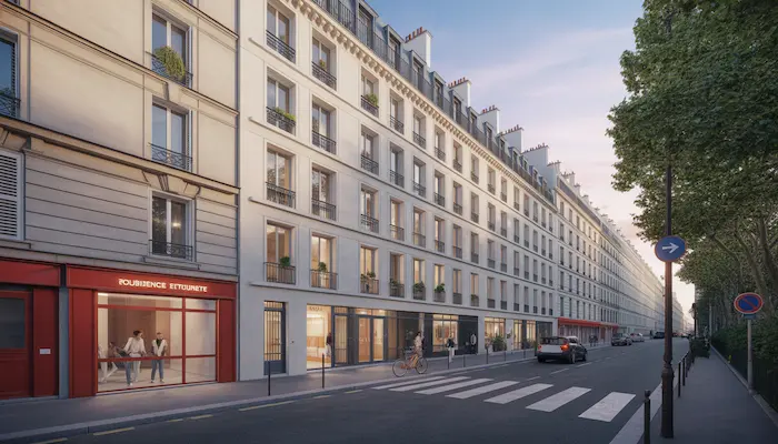 Façade extérieure d’une résidence étudiante à Paris avec architecture moderne, rue parisienne, vélos, métro à proximité et ambiance urbaine réaliste.