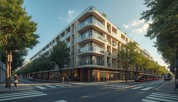 Extérieur d’une résidence étudiante à Lyon avec façade contemporaine, environnement urbain soigné, vélos, arbres et ambiance proche des quartiers étudiants lyonnais.
