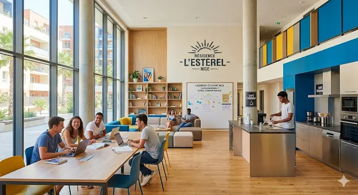 Photographie d'intérieur de la résidence étudiante "L'Estérel" à Nice, montrant un espace commun d'architecture moderne et lumineux avec coworking, salon, cuisine ouverte et un grand panneau "LOGEMENT ÉTUDIANT NICE -
