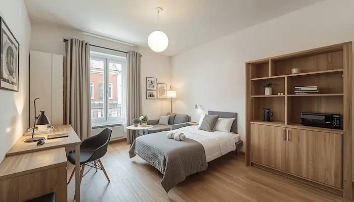Intérieur d’un studio CROUS à Roubaix avec lit, bureau, kitchenette et lumière naturelle