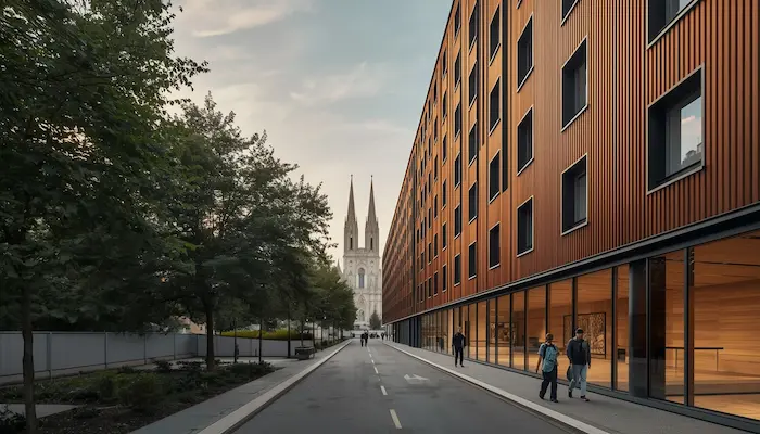 Une photographie extérieure de jour capturant la façade d'un grand complexe résidentiel moderne conçu comme foyer de jeunes travailleurs (FJT) à Lyon, 8ème arrondissement, en 2026.