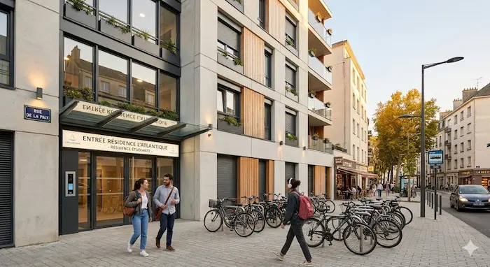 Façade d’une résidence étudiante moderne illustrant le logement étudiant et les secteurs d’aide ALS en 2026.