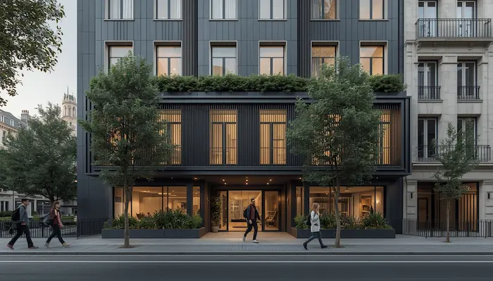 Façade d’une résidence étudiante moderne à [ville], proche des transports et du campus, illustrant un investissement locatif attractif en LMNP.