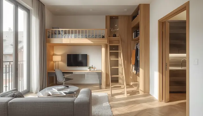 Studio étudiant moderne dans une résidence étudiante à Bordeaux, avec mobilier optimisé, lumière naturelle, ambiance haut de gamme et cadre réaliste.