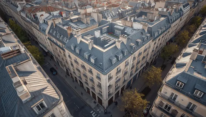 Vue aérienne réaliste d’une résidence universitaire CROUS à Paris, intégrée dans un quartier urbain avec toits haussmanniens et ambiance étudiante parisienne.