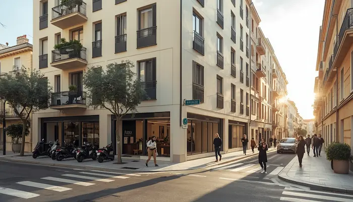 Extérieur réaliste d’une résidence étudiante à Marseille avec façade moderne simple, rue urbaine, étudiants et ambiance de quartier vivant