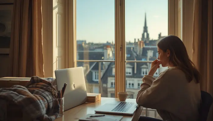 Étudiante installée dans un studio lumineux à Rouen avec vue sur les toits historiques, ambiance cocooning et rentrée universitaire