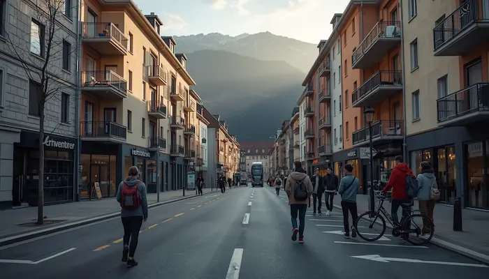 Vue extérieure réaliste d’un quartier étudiant à Chambéry avec immeubles résidentiels, vélos, étudiants en déplacement, montagne en fond et ambiance urbaine calme.