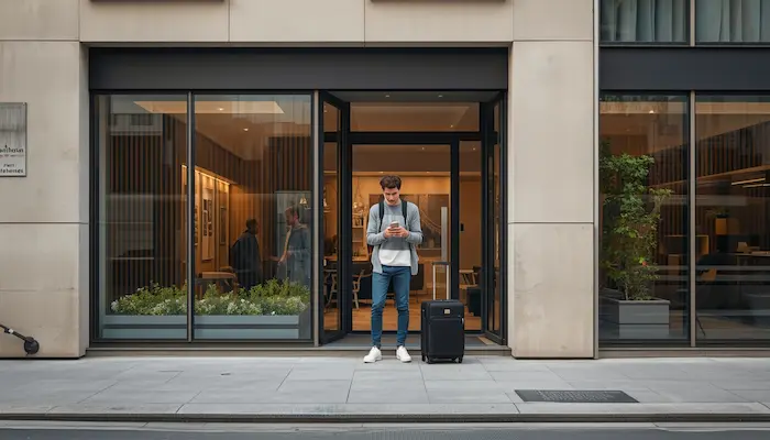Étudiant étranger devant une résidence étudiante à [Ville], en France, avec un décor urbain local pour illustrer la recherche d’un garant