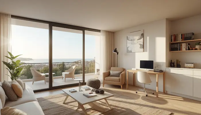 Studio étudiant moderne en résidence CROUS à Toulon avec lumière méditerranéenne, mobilier contemporain et vue dégagée