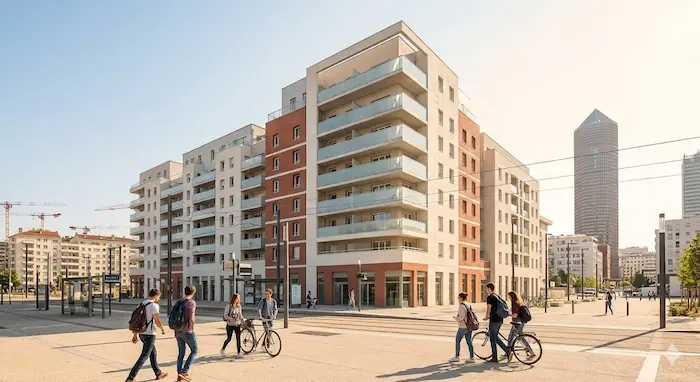 Une vue extérieure ensoleillée d'une nouvelle résidence étudiante contemporaine à Lyon 3ème, située à proximité de la Tour Part-Dieu (visible en arrière-plan sans texte). Le bâtiment moderne présente un mélange de briques et de balcons vitrés. Des étudiants marchent et font du vélo sur une place piétonne à l'avant, près de lignes de tramway. La scène évoque un investissement immobilier neuf pour 2026.