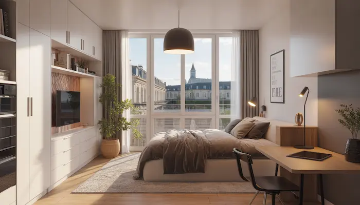 Intérieur d’un studio étudiant moderne à Reims, lumineux, avec coin bureau, lit, kitchenette et vue urbaine élégante.