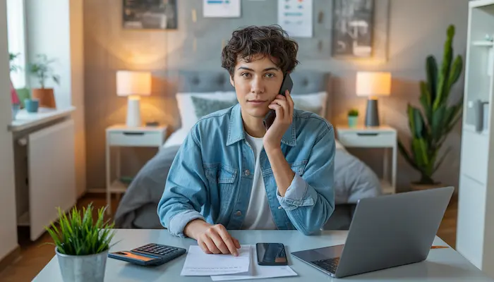 Étudiant dans un studio moderne en train de comparer son budget logement, avec des documents sur le SMIC et l’APL, ambiance claire et réaliste.