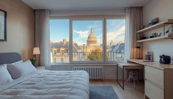 Photographie extérieure ensoleillée d'une résidence étudiante moderne et durable à Paris 18ème, avec la basilique du Sacré-Cœur visible au loin sur la butte Montmartre.