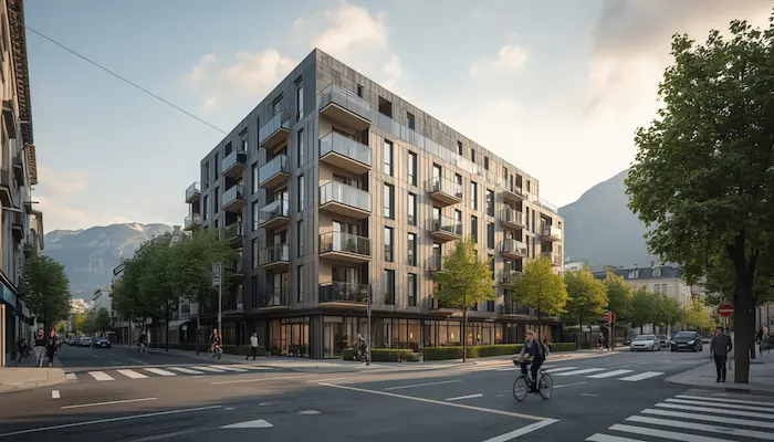 Extérieur d’une résidence étudiante moderne à Grenoble avec les montagnes alpines en arrière-plan et une ambiance urbaine.