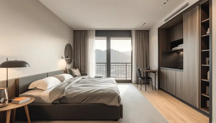 Intérieur d’un studio étudiant moderne et lumineux en résidence étudiante à Chambéry, avec bureau, kitchenette et vue discrète sur les Alpes.