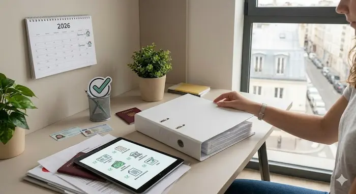 Une photographie en gros plan sur un bureau étudiant bien organisé en 2026, montrant une main méticuleuse rangeant un dossier de location physique épais dans un classeur blanc, entourée de documents confidentiels (sans texte) et d'un calendrier mural marqué pour l'année 2026.