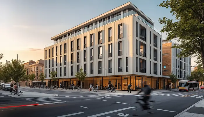 Façade moderne d’une résidence étudiante à Bordeaux, avec architecture élégante, ambiance urbaine et cadre étudiant réaliste.