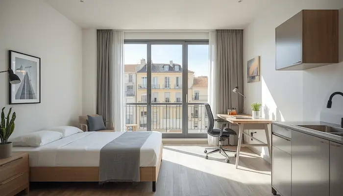 Studio étudiant lumineux et moderne à Toulon avec ambiance méditerranéenne, bureau, kitchenette et lumière naturelle.