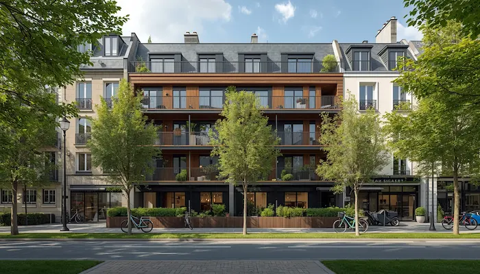 Vue extérieure d’une résidence étudiante moderne à Angers dans un quartier calme et arboré.