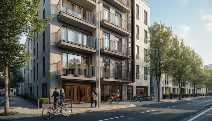 Façade d’une résidence étudiante moderne en France avec un jeune étudiant devant l’entrée, symbolisant la protection de son logement grâce à l’assurance habitation.