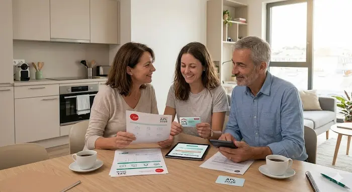 Une étudiante souriante discute avec ses parents autour d'une table de cuisine, consultant des documents et une tablette affichant des informations sur l'APL 2026 pour planifier le budget de son logement étudiant.