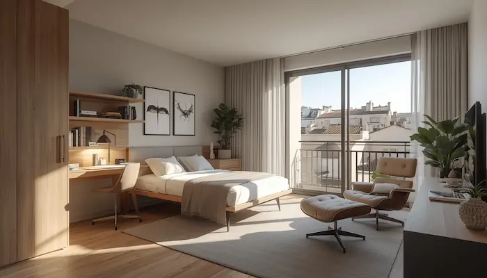 Intérieur d’un studio étudiant haut de gamme à Montpellier, lumineux, moderne et fonctionnel, avec vue méditerranéenne sur la ville.