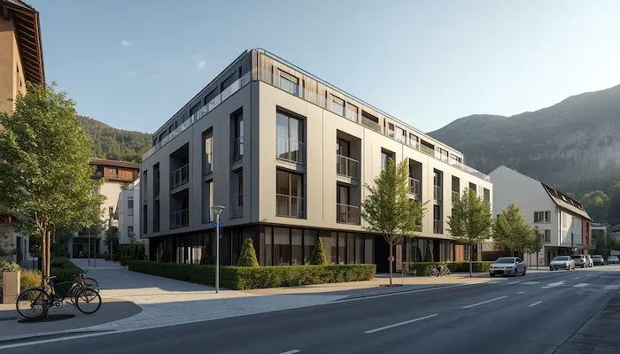 Résidence étudiante moderne à Chambéry avec façade contemporaine, espaces verts et montagnes savoyardes en arrière-plan.