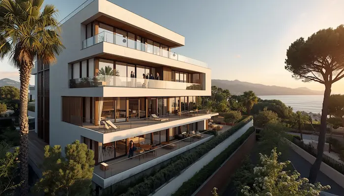 Résidence étudiante premium à Nice avec architecture moderne, palmiers et vue sur la mer Méditerranée.