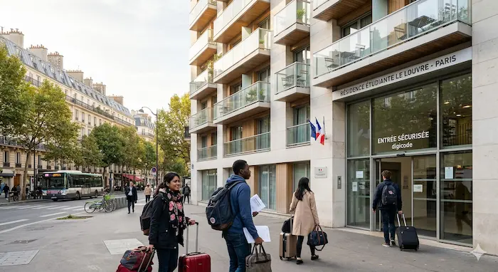 Vue extérieure d’une résidence étudiante moderne en France avec plusieurs étudiants internationaux devant l’entrée, dans un environnement urbain typiquement parisien.