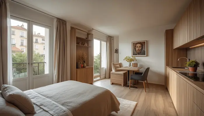 Intérieur d’un studio étudiant lumineux à Nice avec lit, bureau, kitchenette et vue méditerranéenne, dans une résidence étudiante moderne.