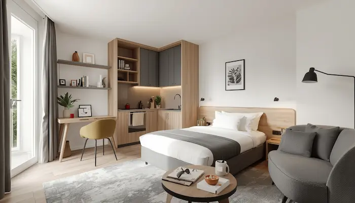 Intérieur d’un studio étudiant meublé moderne à [Ville], illustrant un bail étudiant meublé de 9 mois avec bureau, kitchenette et rangements.