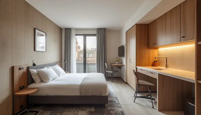 Intérieur d’une résidence étudiante à Lyon, avec studio moderne, lumière naturelle, mobilier fonctionnel et ambiance premium adaptée à la vie universitaire.