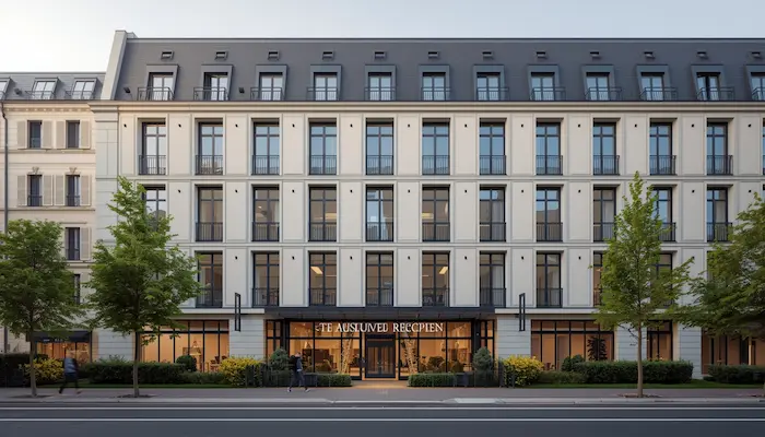 Façade d’une résidence universitaire moderne en France avec entrée et espaces verts