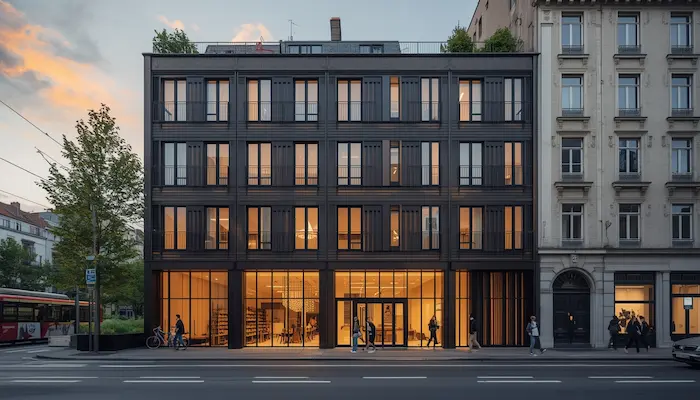 Façade d’une résidence étudiante dans [ville], avec environnement urbain montrant les atouts locaux pour investir