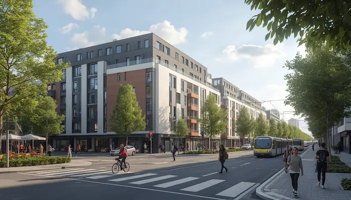Extérieur d’une résidence étudiante à Nantes avec tramway, étudiants et ambiance de quartier universitaire