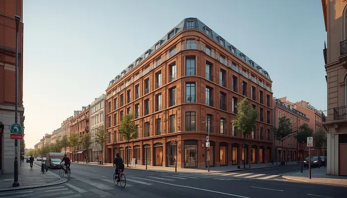 Façade d’une résidence étudiante moderne à Toulouse, dans une rue urbaine lumineuse, avec ambiance Ville Rose, vélos, étudiants, et repères de mobilité toulousains.