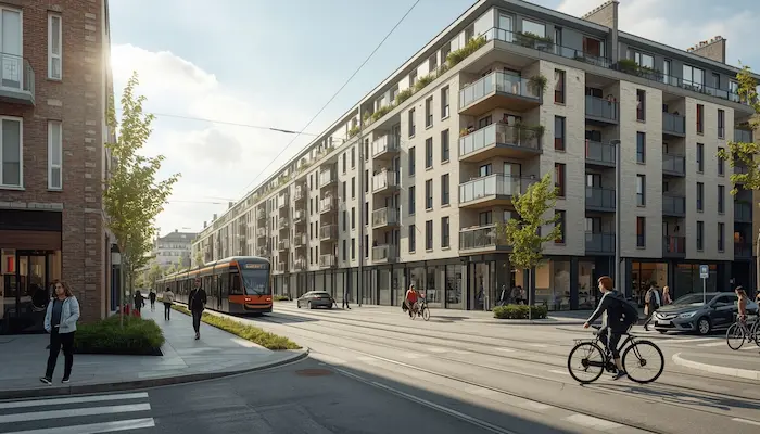 Vue extérieure d’un quartier étudiant à Nantes avec immeuble moderne, tramway et ambiance urbaine proche de la Loire