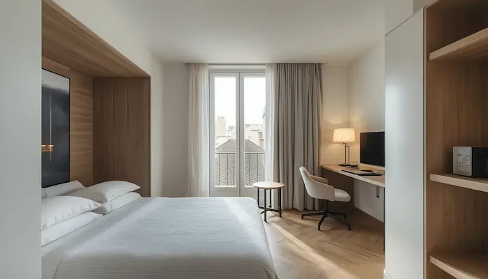 Studio étudiant moderne et lumineux dans une résidence étudiante à Aix-en-Provence, avec mobilier contemporain, bureau d’étude, lit optimisé et ambiance premium.