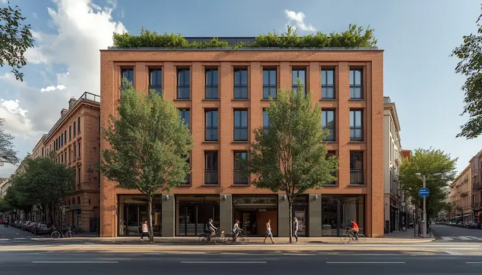 Façade extérieure d’une résidence étudiante à Toulouse avec briques roses, rue vivante, vélos et ambiance urbaine typique de la ville.