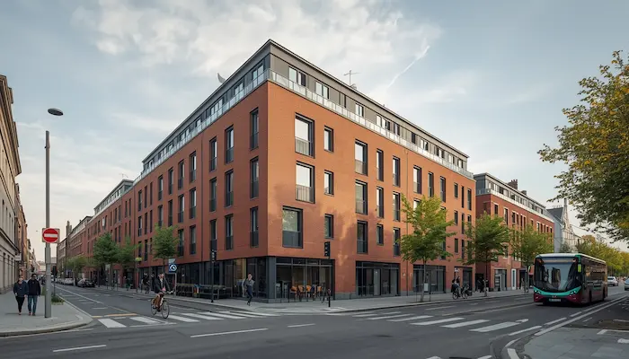 Façade d’une résidence étudiante à Lille avec étudiants, vélo, architecture urbaine lilloise et ambiance de rentrée 2026.