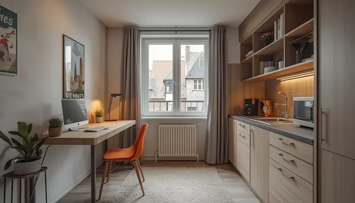 Intérieur d’un studio étudiant lumineux et fonctionnel à Rennes, avec bureau, lit, kitchenette et vue urbaine discrète.