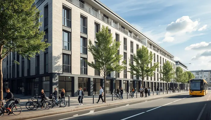 Façade d’une résidence étudiante moderne (2026) proche transports et campus, vélos et espace urbain.