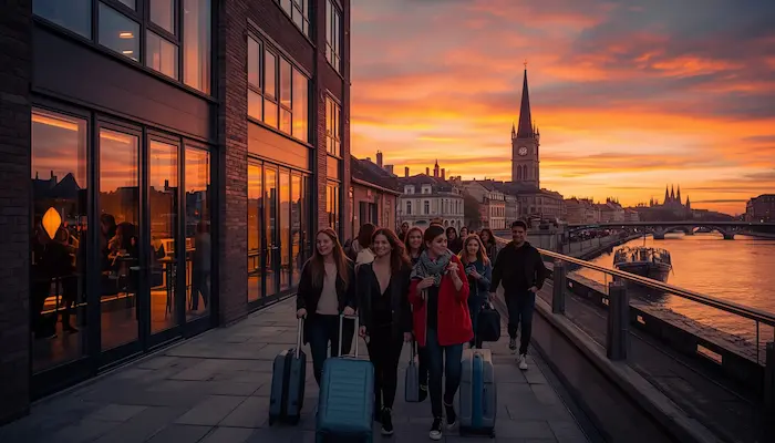 Résidence étudiante moderne à Rouen au coucher du soleil avec étudiants devant l’entrée et vue sur la Seine
