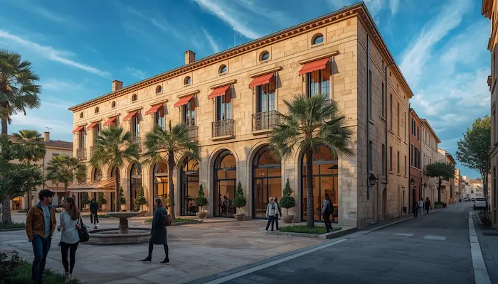 Vue extérieure d’une résidence étudiante moderne à Aix-en-Provence avec architecture provençale, arbres, fontaine et ambiance ensoleillée du sud de la France.