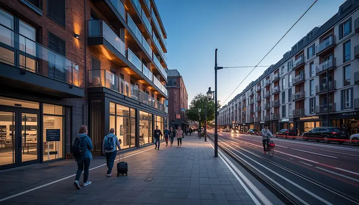 Quartier étudiant de [Nom de la ville] avec résidence et transports, illustrant un changement de logement APL étudiant