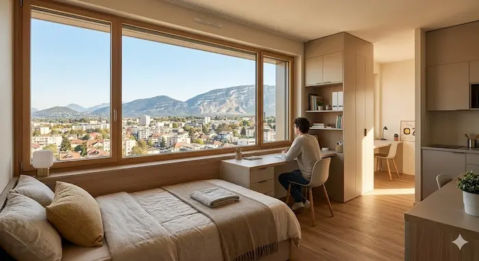 Une vue intérieure d'un studio meublé chaleureux et moderne situé au 10ème étage d'une résidence étudiante à Annemasse, surplombant la ville à travers une grande fenêtre panoramique. Le studio est bien éclairé et équipé de meubles contemporains, y compris un lit simple fait, un bureau avec une lampe et des livres (sans titres visibles), et une petite kitchenette. L'élément central est la vue extérieure par la fenêtre : la ville d'Annemasse avec, en arrière-plan, la silhouette imposante et dégagée du massif du Salève sous un ciel clair.