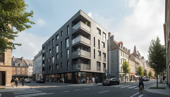 Vue extérieure d’une résidence étudiante moderne à Rennes avec architecture bretonne, rues animées et maisons à colombages typiques du centre-ville.