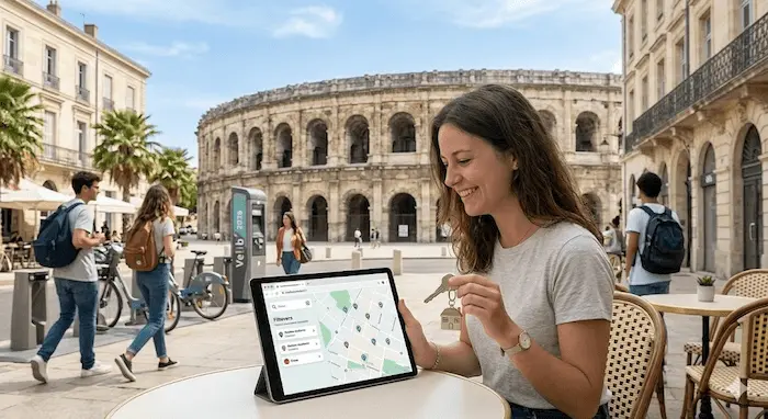 Une vue extérieure vibrante et ensoleillée capturant Sarah, une étudiante souriante ( blonde, sac à dos, même personnage cohérent ), arrivant à l'entrée sécurisée d'une résidence étudiante moderne et durable à Nîmes en 2026.