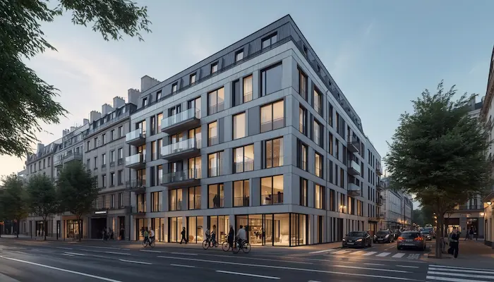 Vue extérieure d’une résidence étudiante LMNP moderne à Paris, située dans un quartier animé proche des universités et des transports.